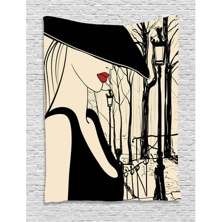 Black and Beige Tapestry, Young European Woman with a Hat in Paris Montmartre Streets Art, Wall Hanging for Bedroom Living Room Dorm Decor, 40W X 60L Inches, Black Beige and Red, by