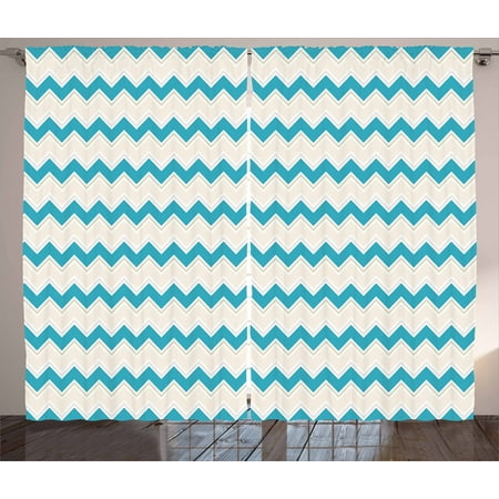 Teal Curtains 2 Panels Set Horizontal Zigzag Lines Chevron