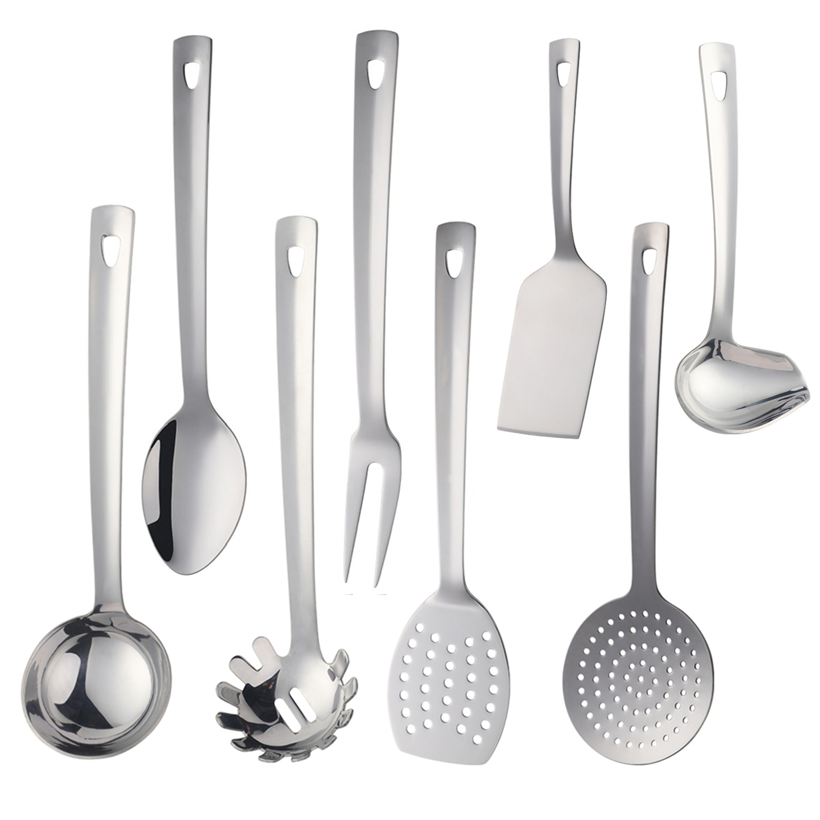 8 Pcs Premium Stainless Steel Kitchen Cooking Utensils Set Metal Cooking Utensils Tools Nonstick Heat Resistant -Ladle, Slotted Spoons, Slotted Turners, Fork, Skimmer, Spaghetti Server 13"