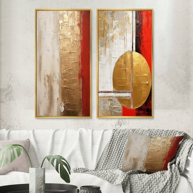Designart "Lunar Redemption Abstract in Gold and Red I" Abstract Painting Framed Wall Art Set Of 2 - Modern Gold Framed Canvas Set For Living Room Decor