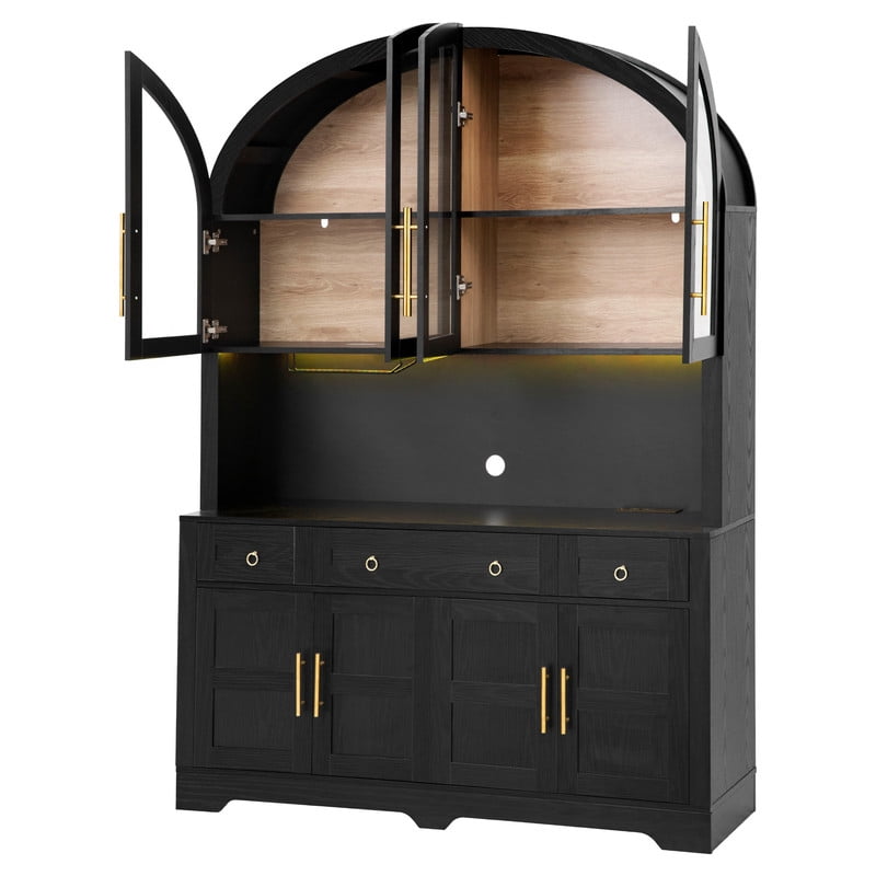 Arched Farmhouse Kitchen Pantry Storage Buffet with LED Light & Charging Station, Bar Cabinet Hutch with Drawers & Glass Holder