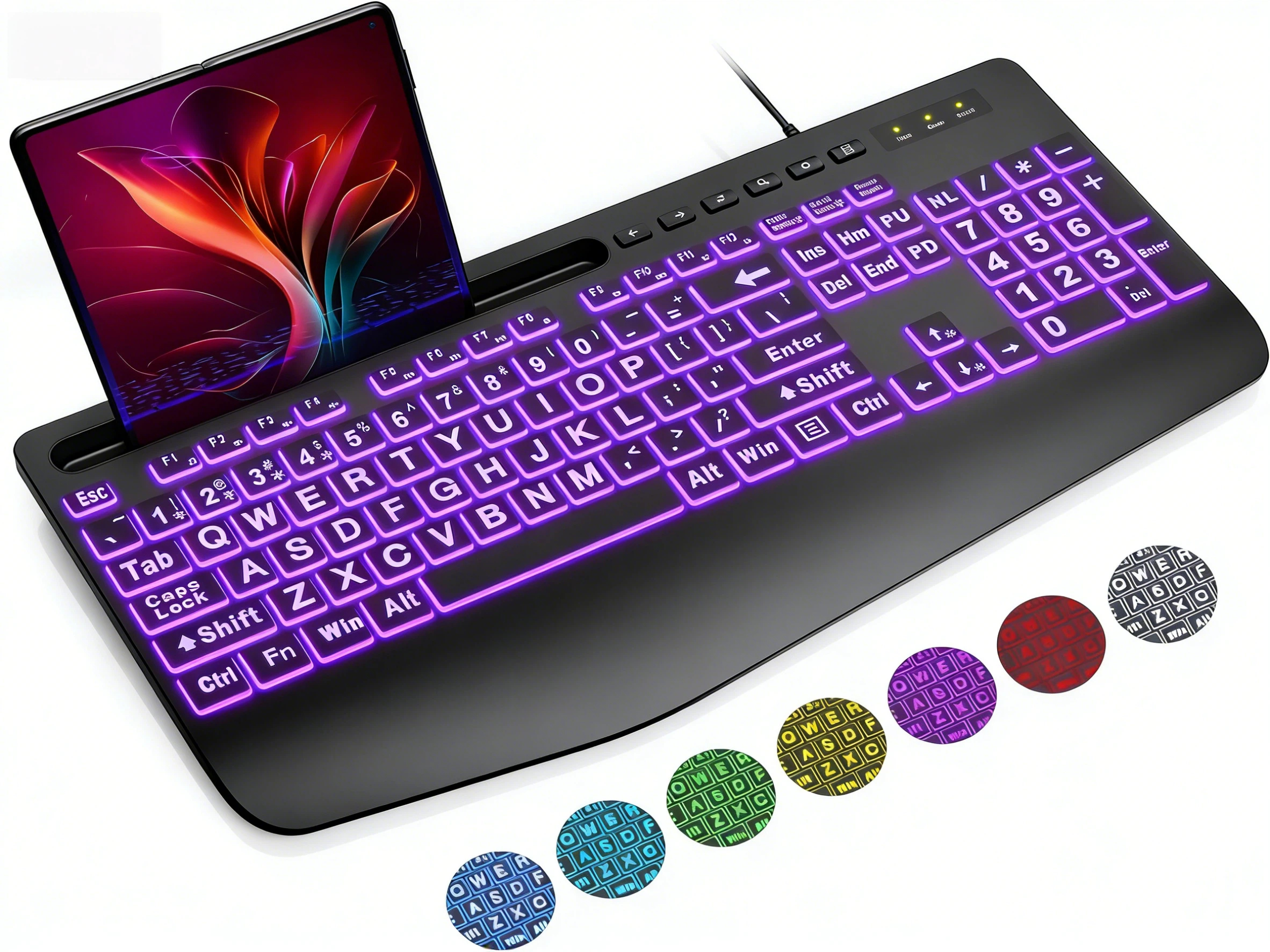 Large Print Wired Backlit Keyboard with 7-Color Backlight, Wrist Rest, Phone Holder, Oversized Keys, USB Plug & Play for PC Laptop Desktop Windows, Black