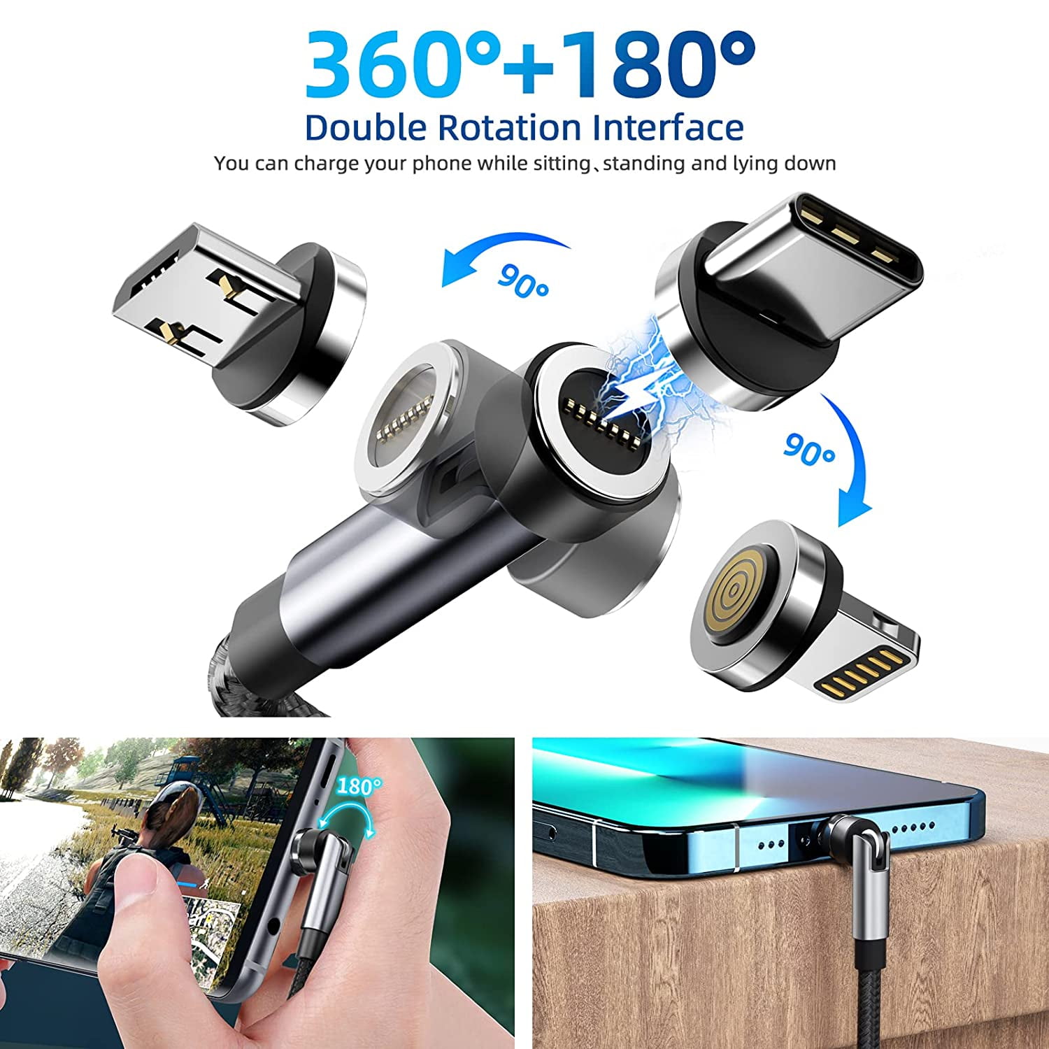 540 ° rotation magnetic charging cable, 3A fast charging magnetic phone charger [3-pack 10ft] 3 in 1 magnetic USB cable support data transfer magnet charger cable for iProduct/Micro USB/Type C device