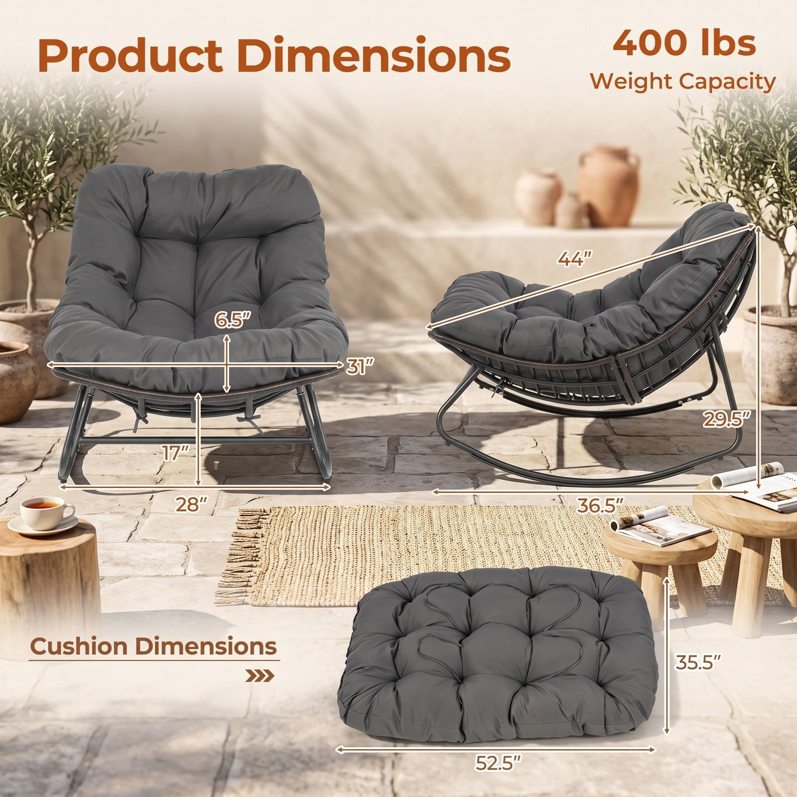Furnibear Outdoor Papasan Rocking Chair with Thick Removable Cushion and Non-Slip Pads for Oversized Patio and Backyard Comfort, Gray