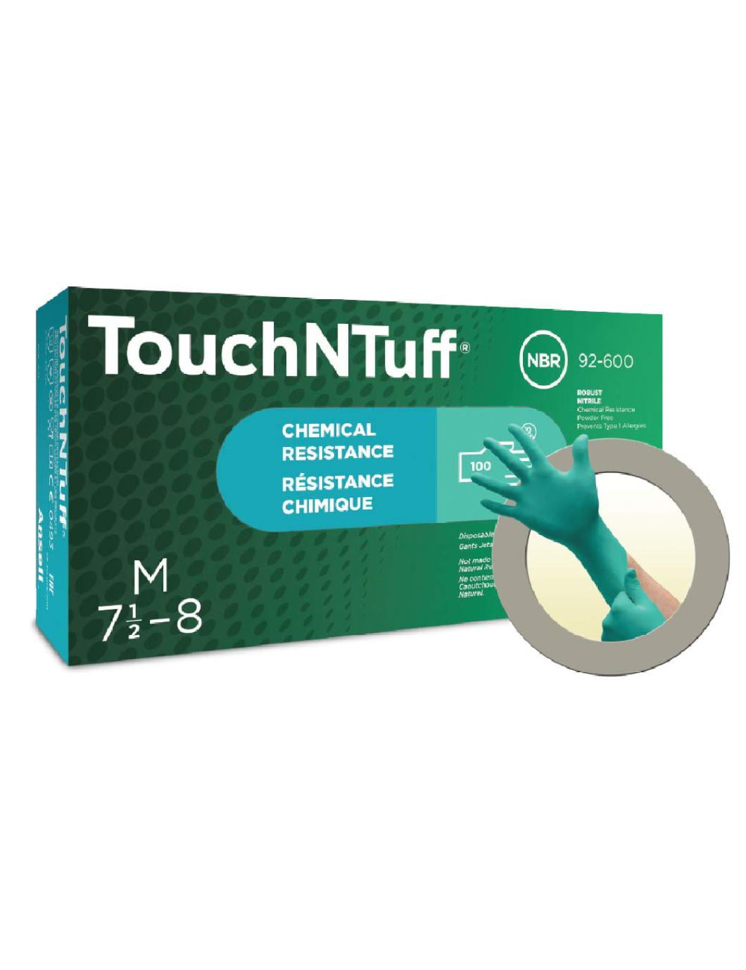 Size 9 4.7mil Thickness Box of 100 Ansell TouchNTuff 92-600 Nitrile Lightweight Glove with Beaded Cuff Green Chemical/Splash Resistance 240mm Length Powder Free 