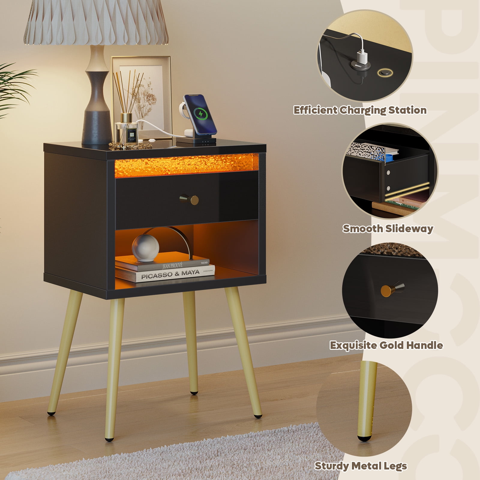 Pinmoco Set of 2 LED Nightstand with Charging Station, Modern Bedside Table with Drawer and Open Storage for Bedroom, Black