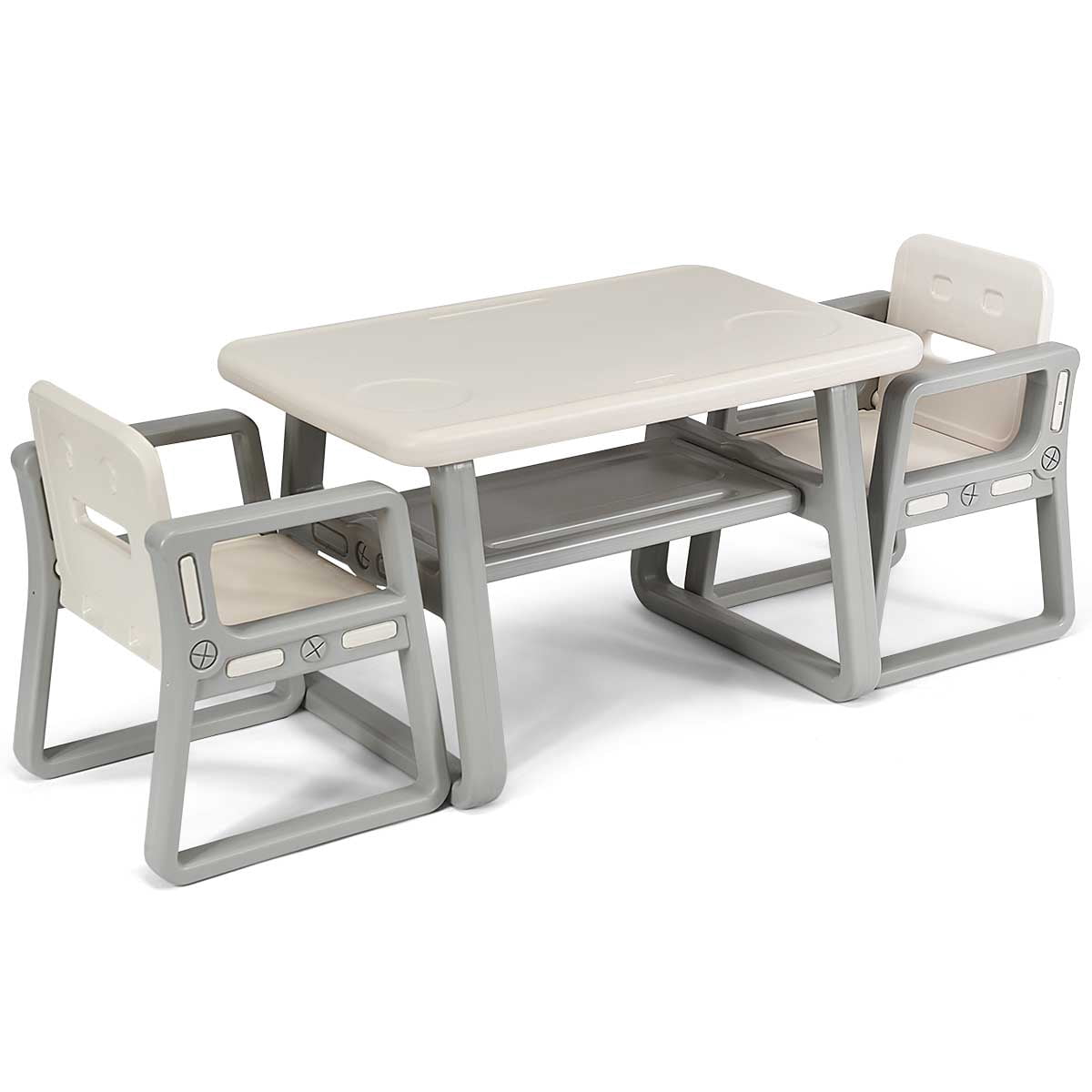 Topbuy Kids 2-in-1 Table and 2 Chairs Set Activity Table With Storage Shelf White Baby
