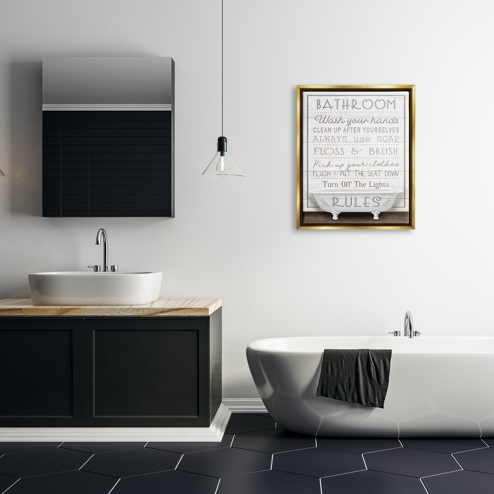 Stupell Industries Rustic Bathroom Rules Tub Typography Painting Gold Floater Framed Canvas Art Print Wall Art, 25 x 31