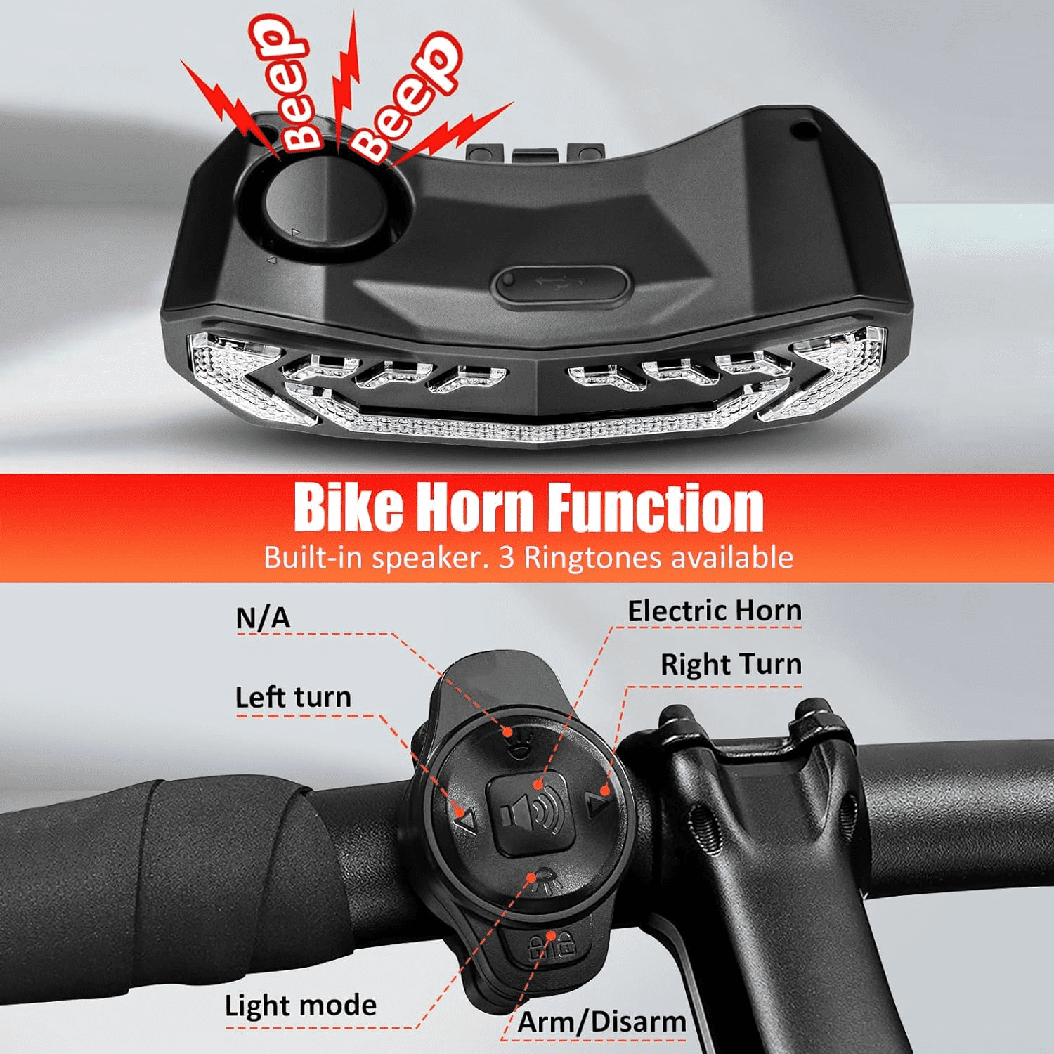 USB-C Rechargeable Bike Tail Light with Turn Signals, Brake Light & 110dB Horn - Wireless Anti-Theft Alarm, 160 Lumen, Auto Sensor - Essential for Night Riding Safety