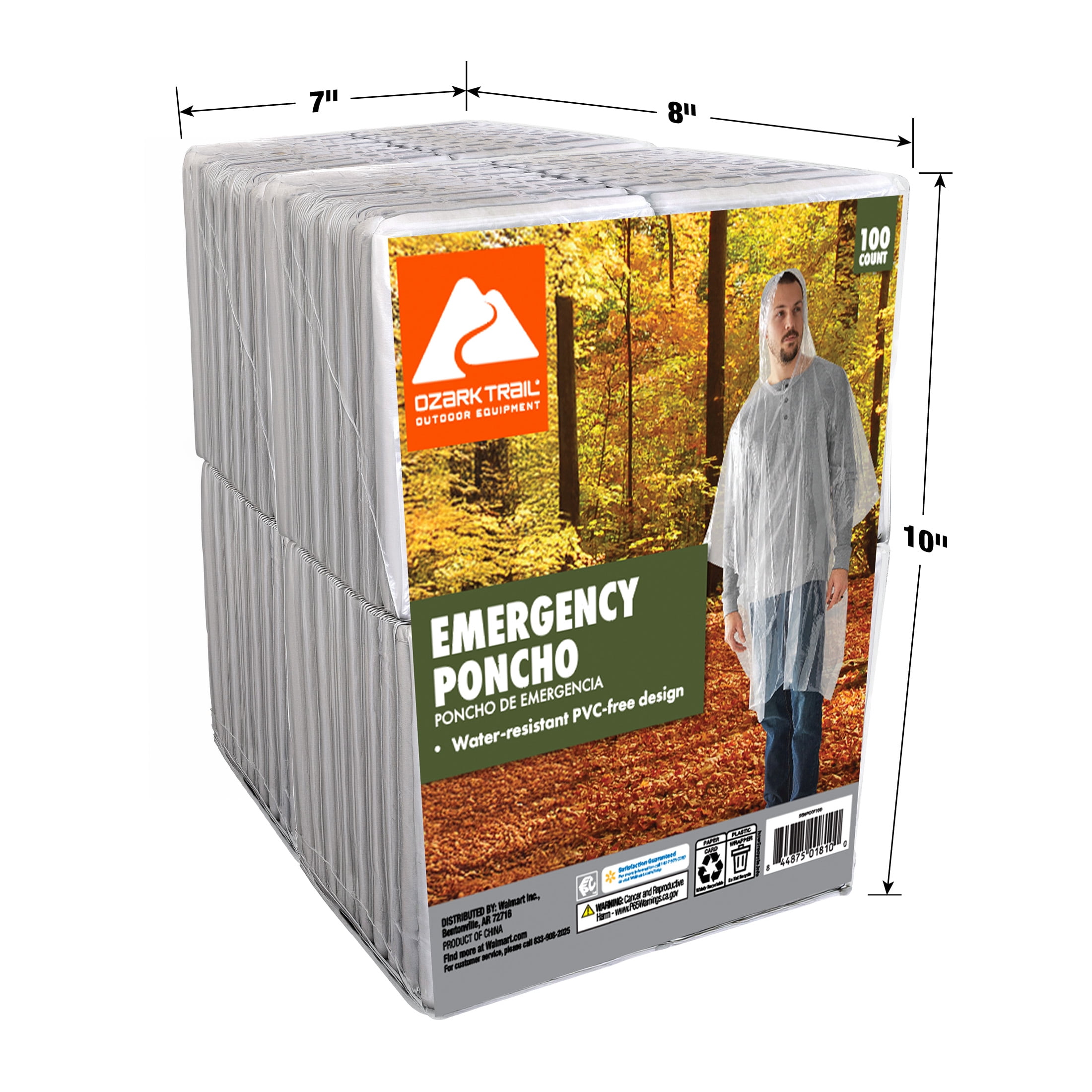 Ozark Trail Emergency Rain Ponchos, Clear, 100 Count