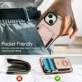 thumbnail image 2 of Wallet Case Compatible with iPhone 15 with Card Holder, 360° Rotation Finger Ring Kickstand PU Leather Stretchy Fabric Cover Drop Protection with Magnetic Snap Case Cover, Rosegold, 2 of 8