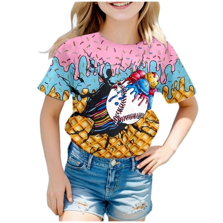 Girls Shirts Short Sleeve Baseball Graphic Print Casual Crew Neck Tee for Toddler Youth Kids Pink 6 Years-7 Years