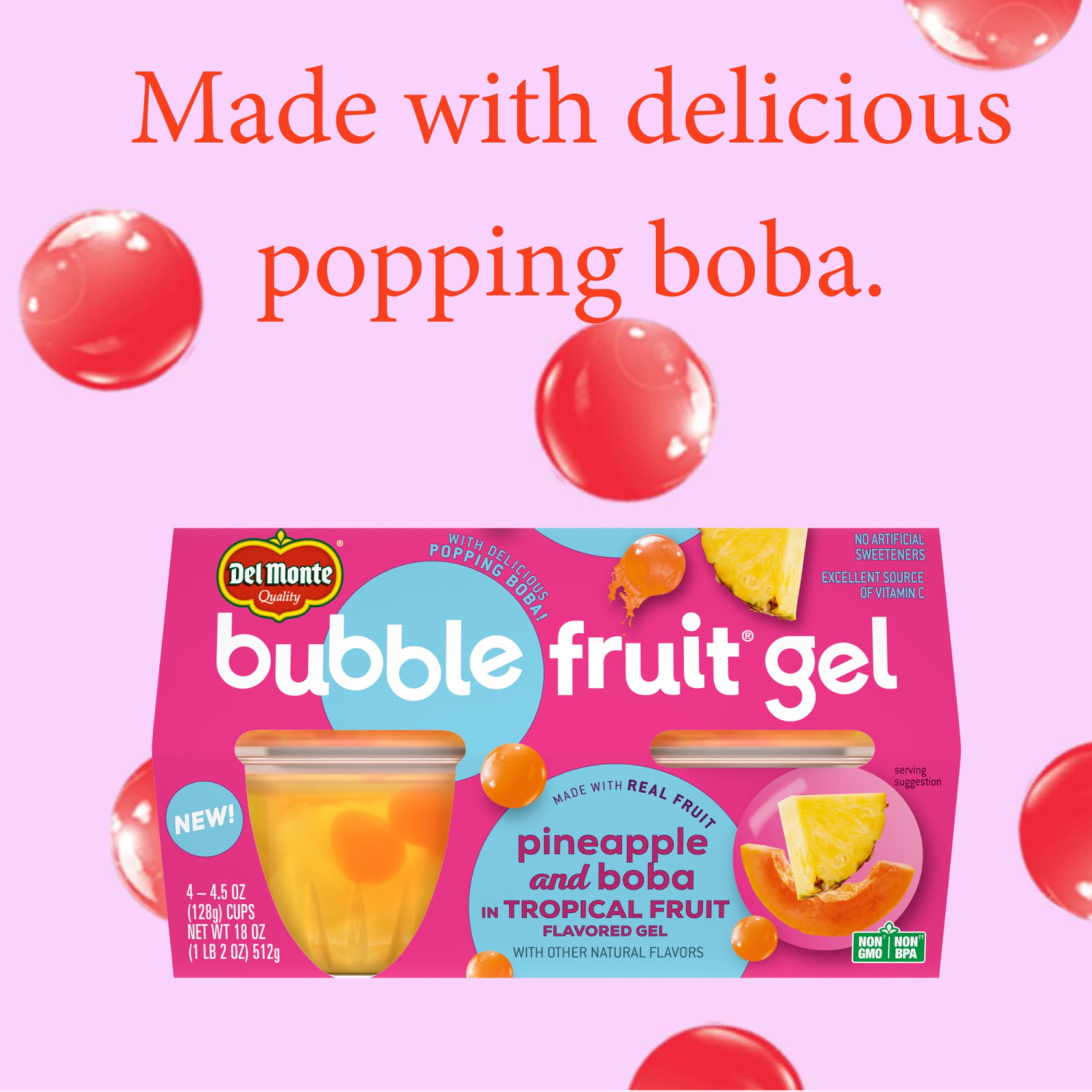 Del Monte Bubble Fruit Pineapple Gel Tropical Fruit Cup Snack with Popping Boba, 4.5 oz Cups (Pack of 4)