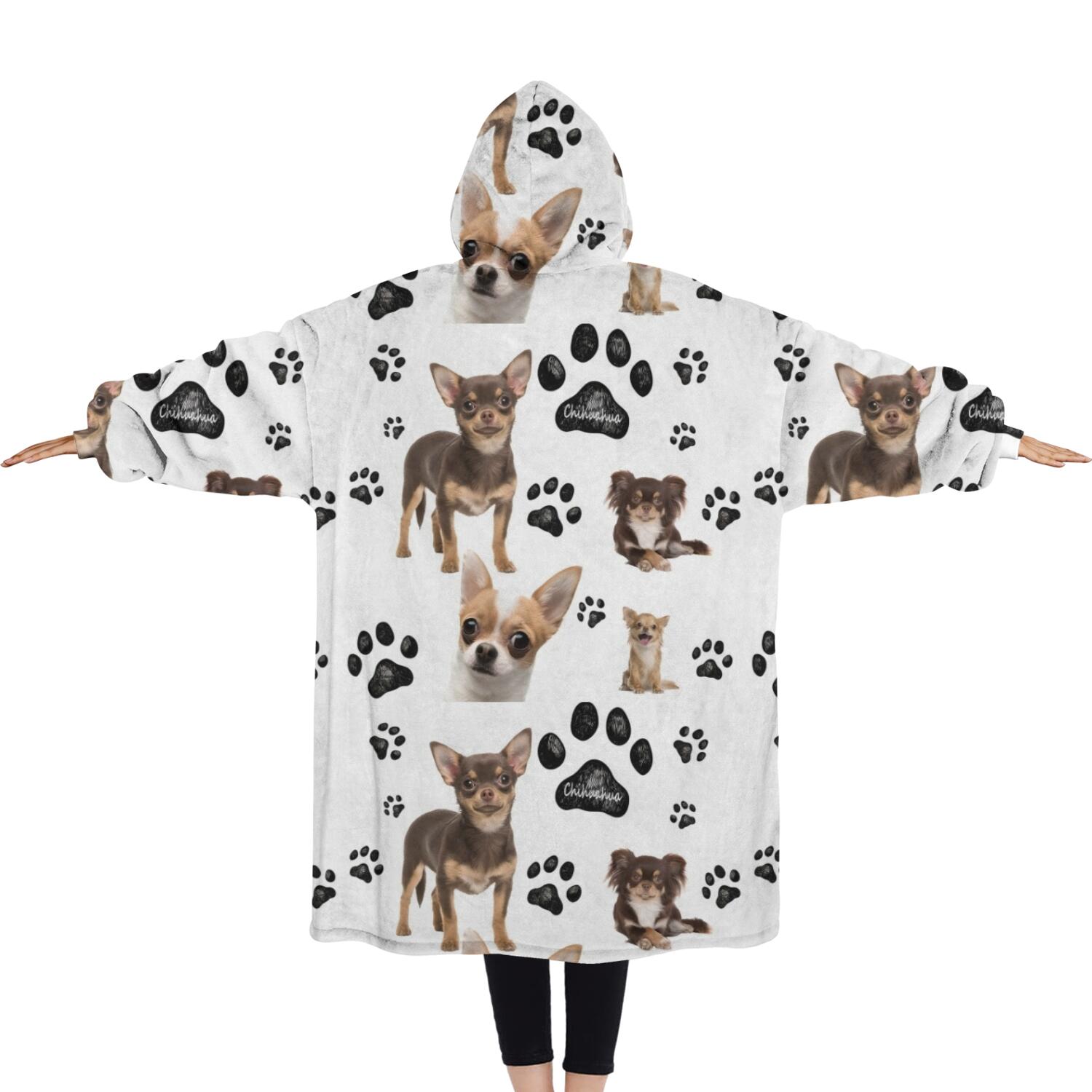 Oversized Wearable Blanket Hoodie,Chihuahua and Footprints Sherpa Blanket Hoodie with Super Pockets,Super Warm Fuzzy Pullover for Women & Men