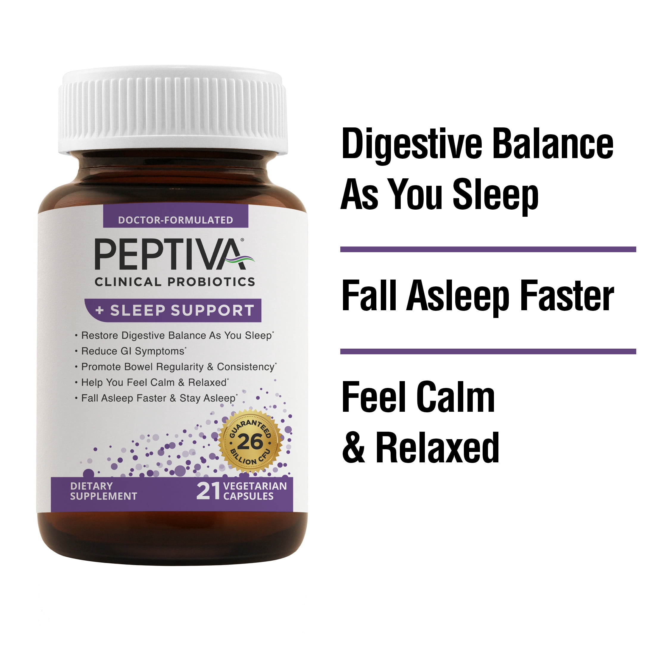 Peptiva Probiotics + Sleep Support, 26 Billion CFUs, Multi-Strain Probiotics, 21 Count, Adult