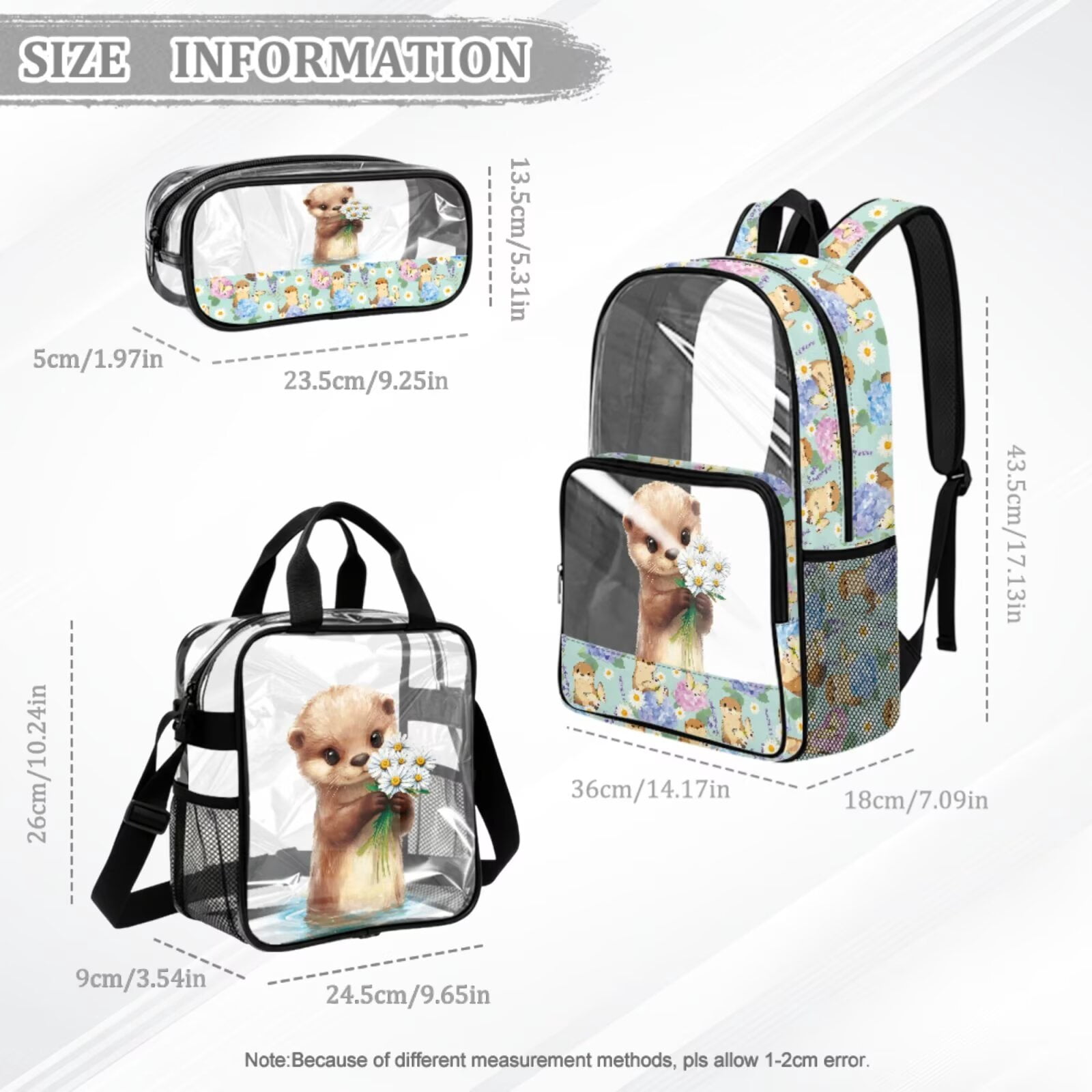 Xixirimido Capybara Daisy Hydrangea Print Clear Backpack 3Pcs Set for Boy Girls PVC See Through Transparent 17in Backpack with Clear Lunch Box & Pencil Case Kids School Stadium Bag Set