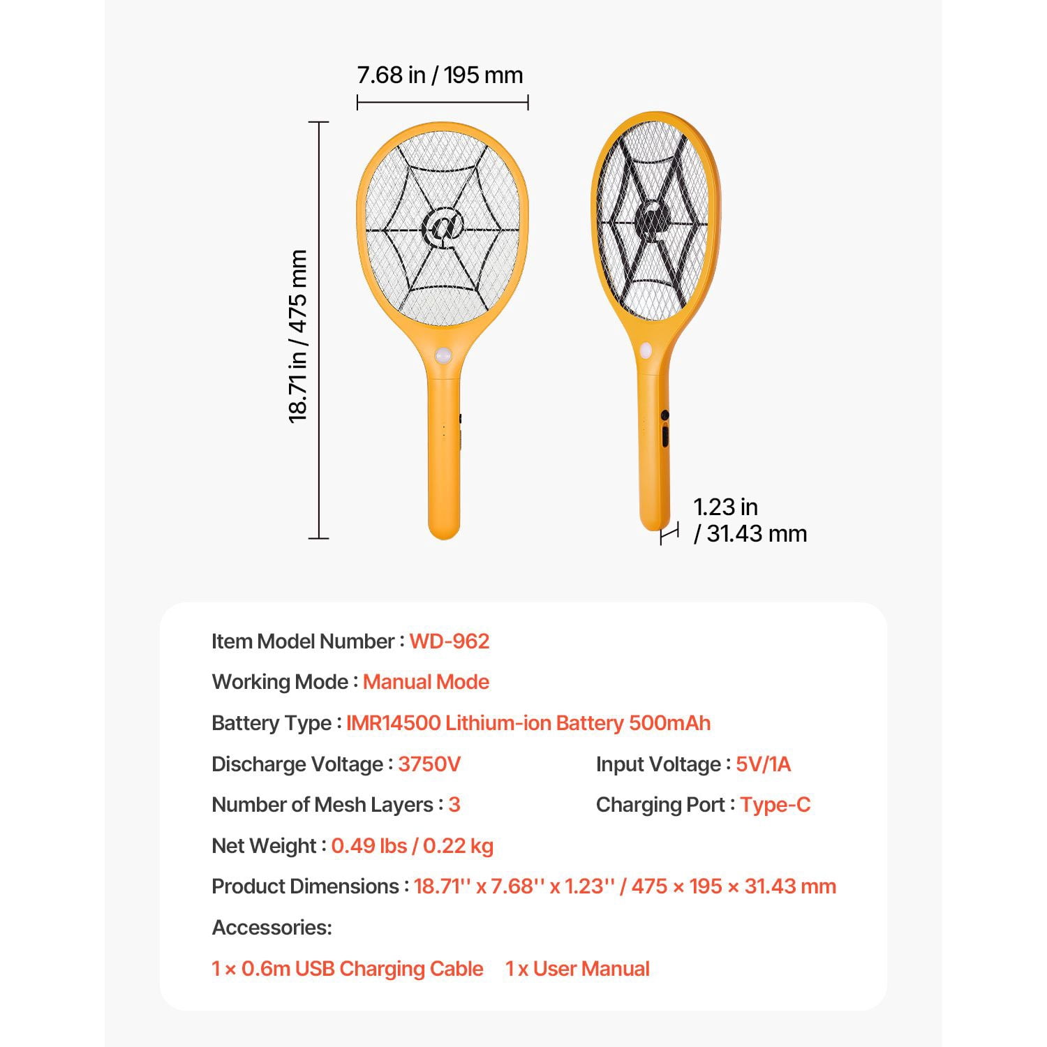 Electric Fly Swatter 3750V High-Voltage Grid, Instant Zap Fly Fruit Fly Killer, Handheld Bug Zapper Racket for Indoor Outdoor Home Kitchen Patio