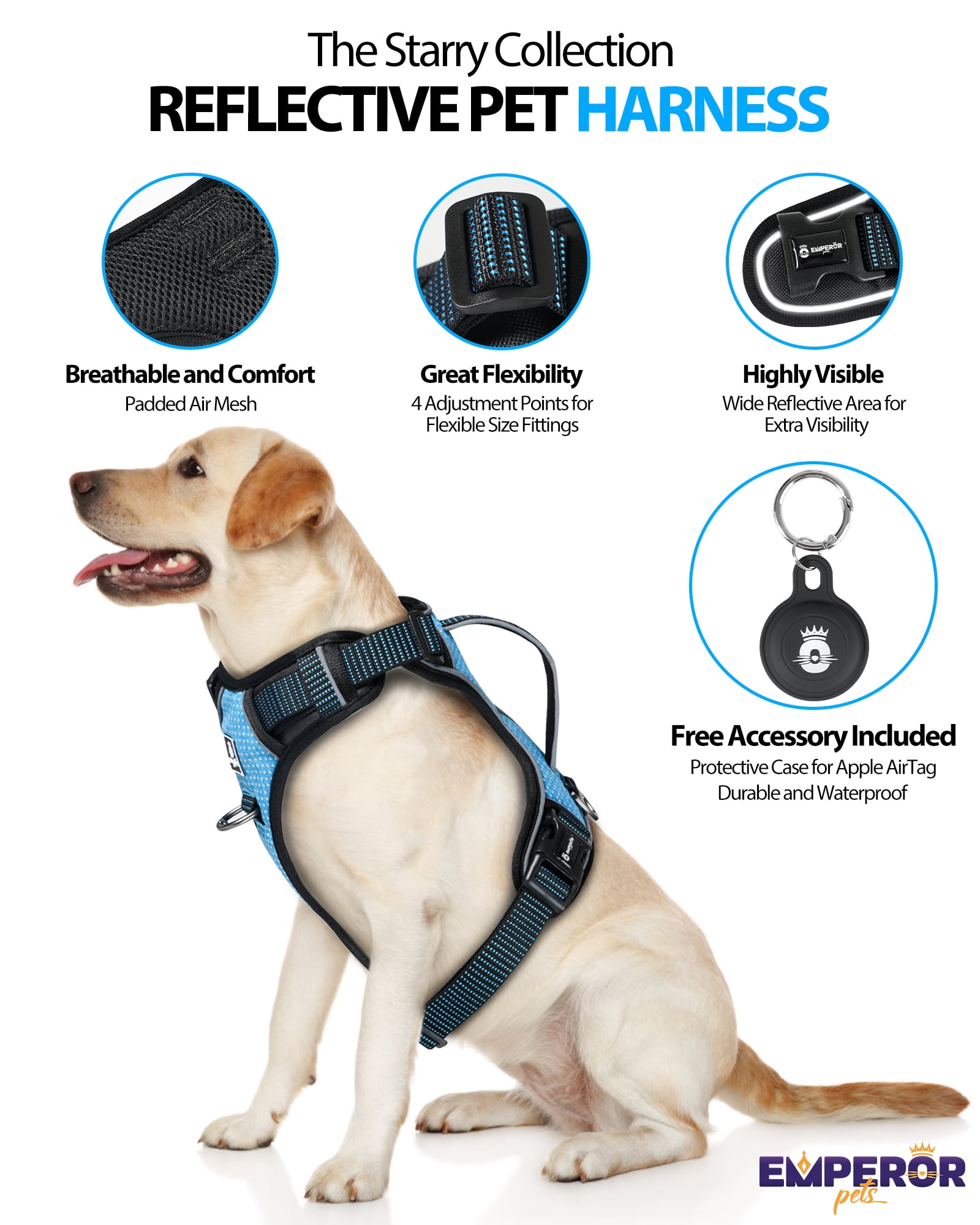 Emperor Pets Blue Reflective Dog Harness for Large Dogs - No Pull Dog Harness with 2 Leash Clips, Premium Oxford Soft Padded large dog harness, Dog Harness for Large Dogs (L, Blue)
