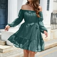 thumbnail image 2 of safuny Mini Babydoll Dress for Women Solid Color Ruffle Sleeve Off Shoulder Dress Elegant Puffy Flowy Hem Retro Holiday Beach Trendy Clothing Summer Green XL, 2 of 3