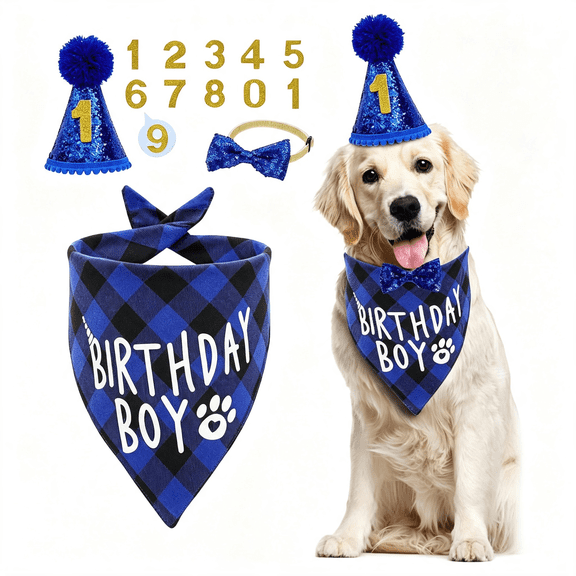 GASTROPOD Dog Birthday Bandana Set with Hat Bow Tie Numbers,Pet Birthday Party Accessories for Large X-Large Boy Dogs Dog Birthday Decorations-Blue X-Large