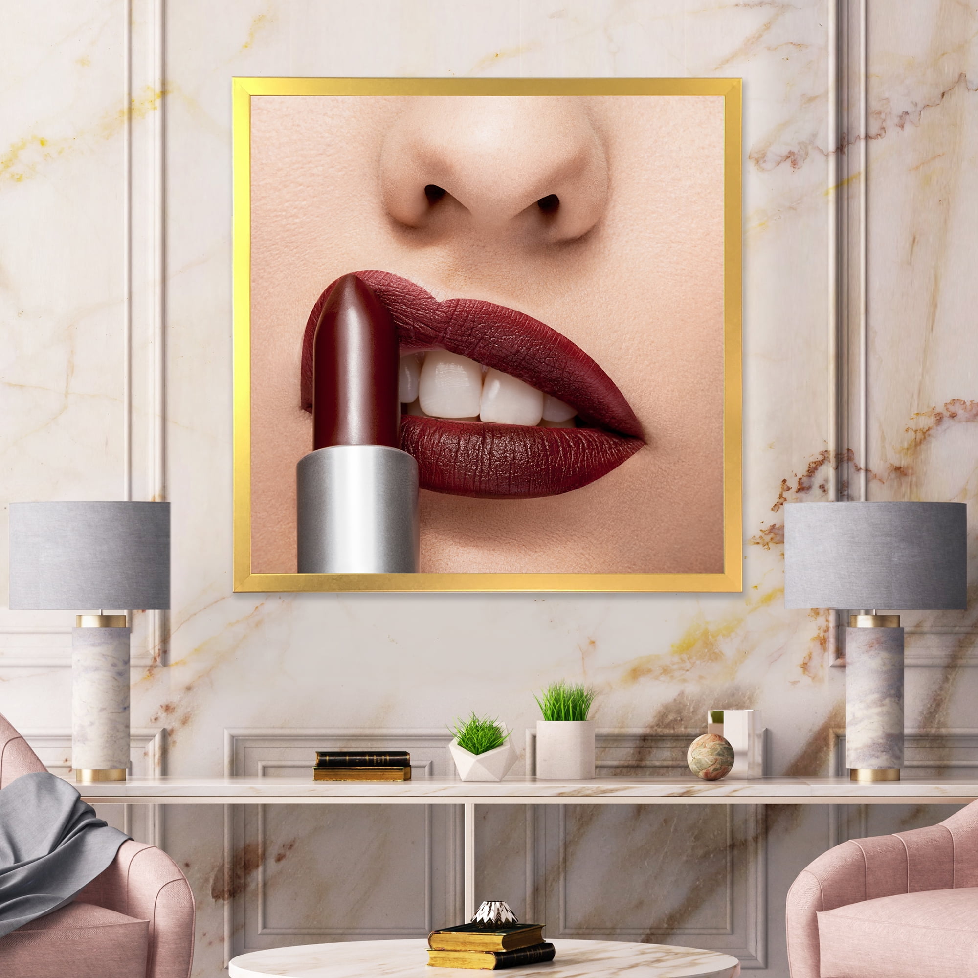 Designart 'Red Lipstick Getting Applyed On Woman Lips' Modern Framed Art Print
