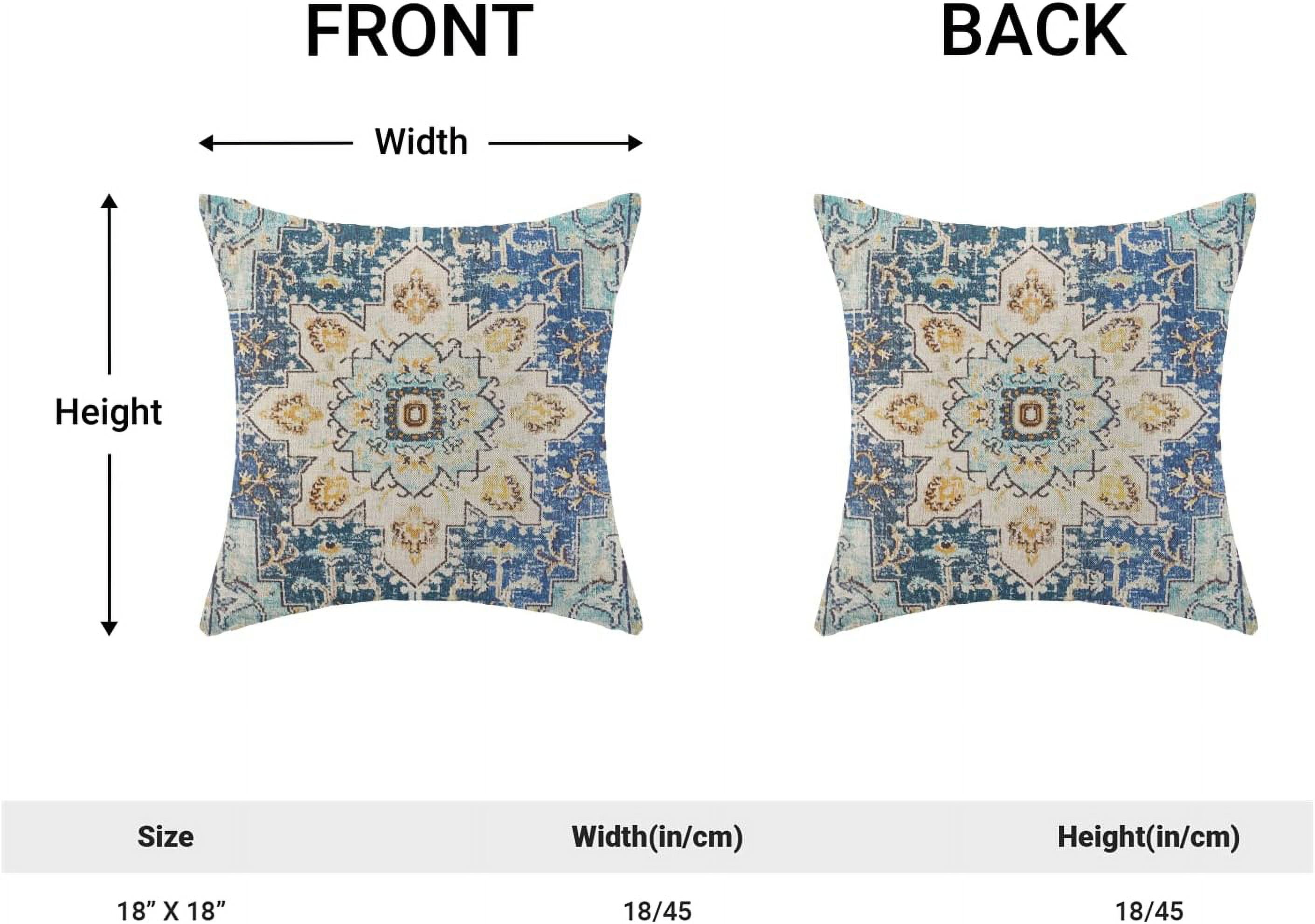 Boho Pillow Covers Set of 2 18x18 Inch Blue Yellow Carpet Pattern Decorative Throw Pillows with Linen Ethnic Design for Farmhouse Sofa Couch Outdoor Decor Add Global Charm to Your Space