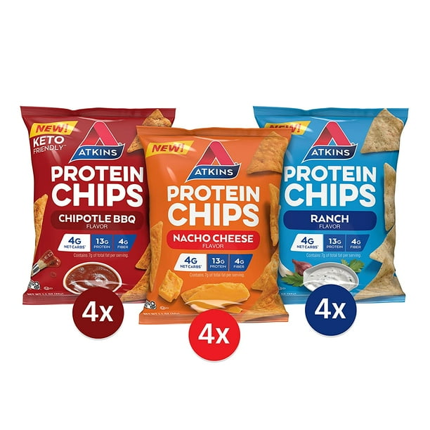 Atkins Protein Chips, Salty Snack Variety Pack, (Chipotle BBQ, Nacho Cheese, Ranch), Keto