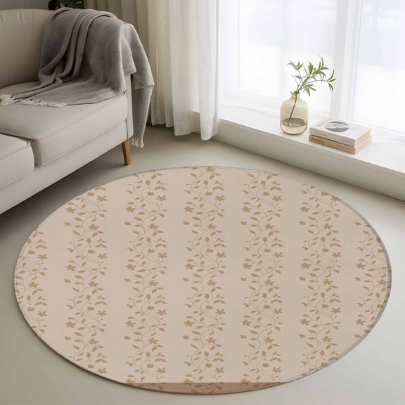 Round Area Rugs Collection 4 Ft, Pink Brown Floral Non-Slip Residential Carpet, Spring Flowers Indoor Crawling Mats Runner Rugs for Living Room/Dining Room/Bedroom