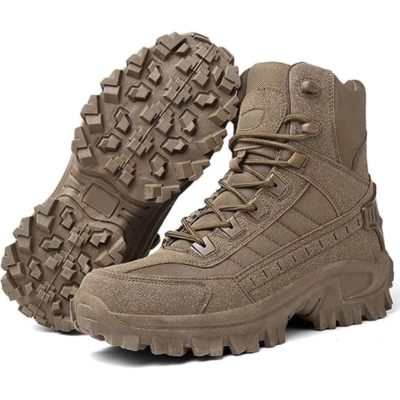 Men’s High Top Tactical Hiking Boots, Lightweight Outdoor Work & Trekking Shoes with Side Zipper, Leather Upper Rubber Sole