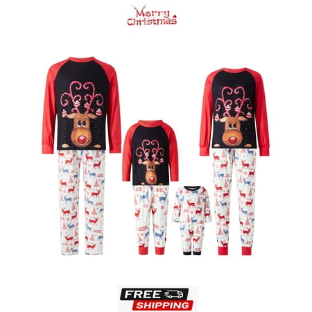 

Sunisery Christmas Family Matching Pajamas Set Elk Print Long Sleeve T-shirt with Elastic Waist Pants