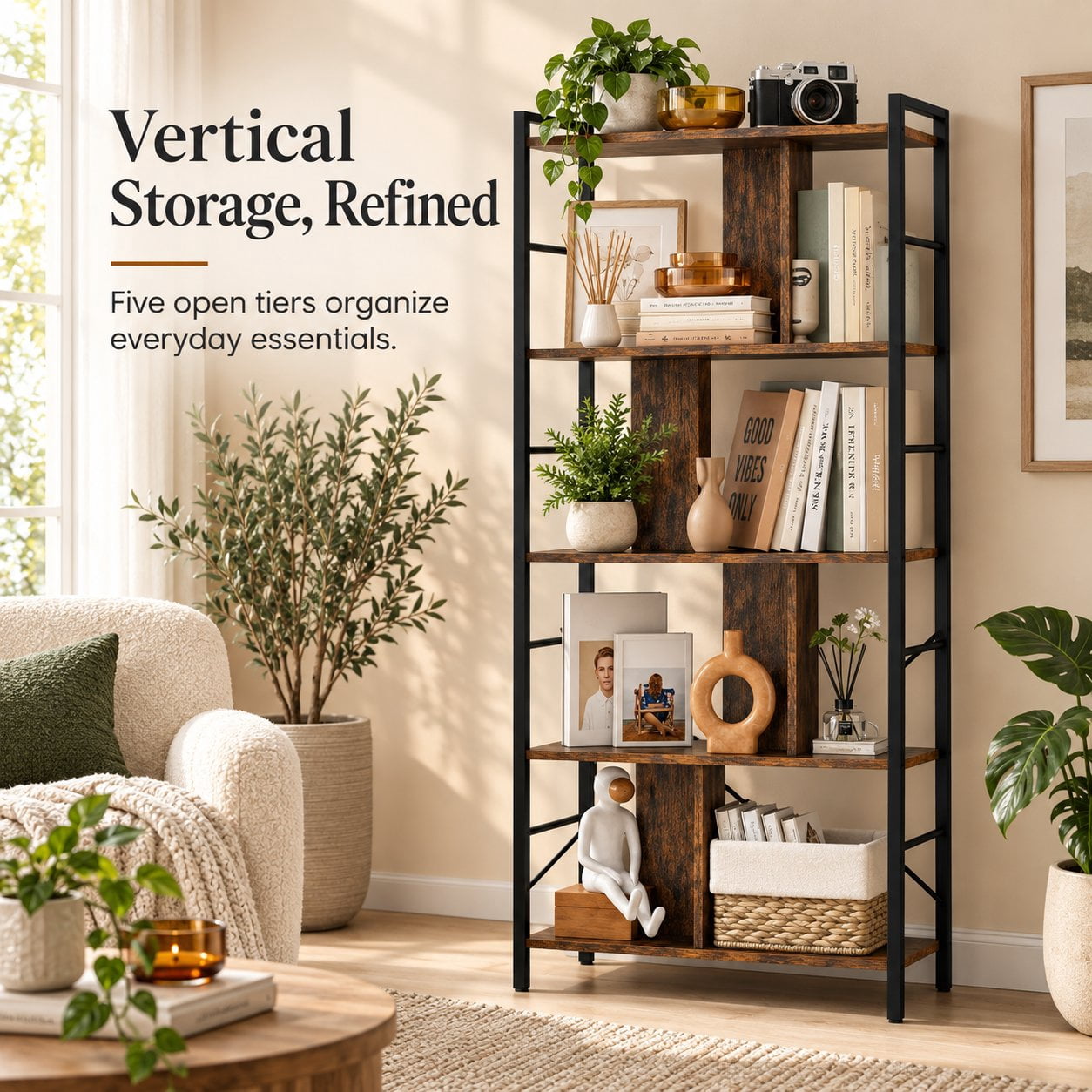 Furnibear 5-Tier Bookcase 61 Inch Tall Industrial Bookshelf with Metal Frame and Anti-Tip Anchors for Living Room Home Office Bedroom, Rustic Brown