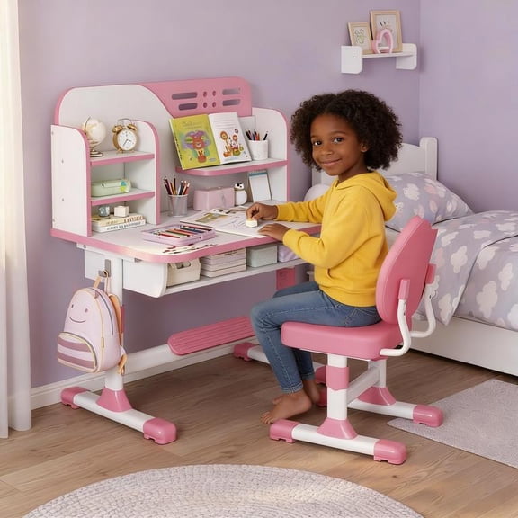 YNCE 【US Shipped】 Height Adjustable Kids Desk and Chair Set, Children Study Desk with Chair, Children Learning Desk and Chair Set with Spacious Storage Drawer for Boys Girls