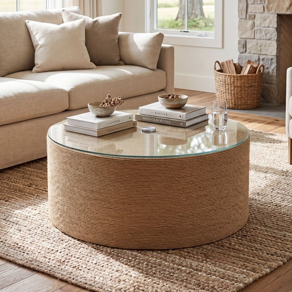 Dayalane 27.5” Round Woven Rope Drum Coffee Table, Boho Center Table with Wood Frame and Glass Top, Modern Farmhouse Circle Coffee Table for Living Room Office, Fully Assembled