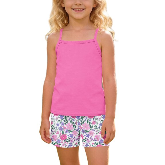 Qingpeng Girls Summer Sleeveless Tank Top and Shorts Floral Print Matching Outfit Set for Kids