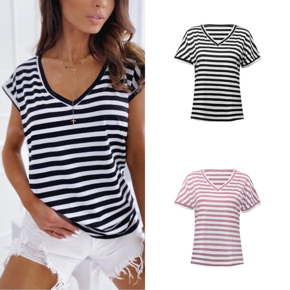 QHWAUAKFBN T Shirts For Women Loose Fit Striped V Neck Summer Short Sleeve Tshirts Top
