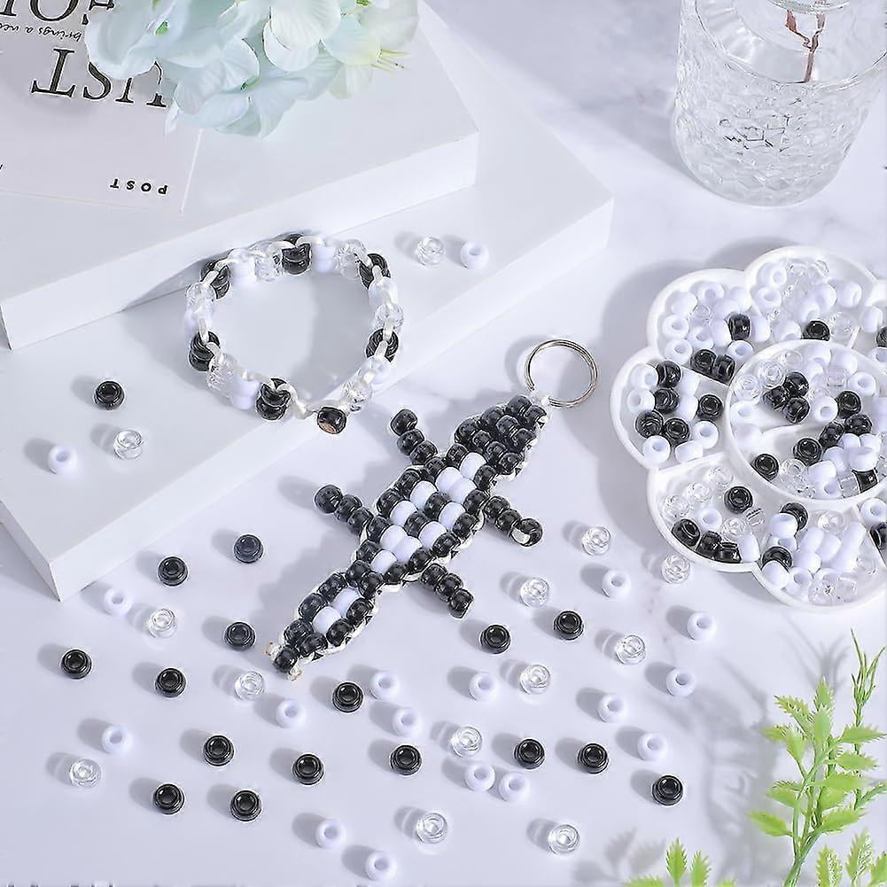 600Pcs Pony Beads Bulk 6x9mm Opaque Pony Beads Black White Plastic Bead Clear Transparent Pony Beads Kit Round Craft Beads for Jewelry Making Beading