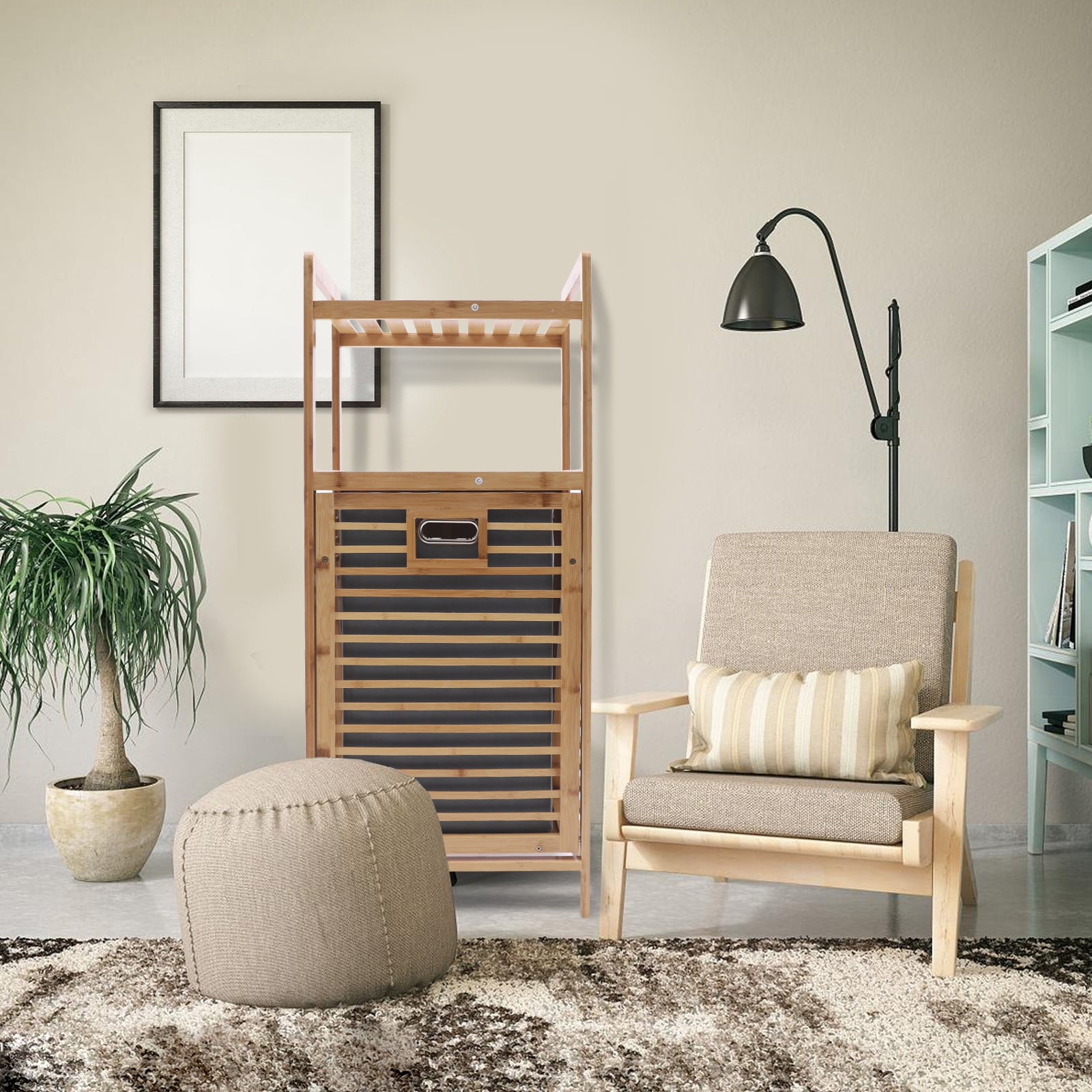 Dwellnix Tilt out Laundry Hamper Bamboo Basket Washing Storage w Handles 2 Tier Shelves