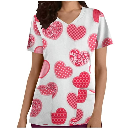 

JWZUY Women Scrub Tops Cute Heart Print Nurse Working Uniforms Short Sleeve V-Neck Shirts Tee Tops with Pockets Workwear Nursing Blouses Pullover T-Shirts Tshirts Tee Shirt (White XXL)