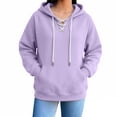 thumbnail image 2 of Qgtaibl Women's Lace Up Hoodie Criss Cross V Neck Drawstring Pullover Sweatshirt Thin Fleece Long Sleeve Fall Hooded Top with Kangaroo Pocket Purple M, 2 of 6
