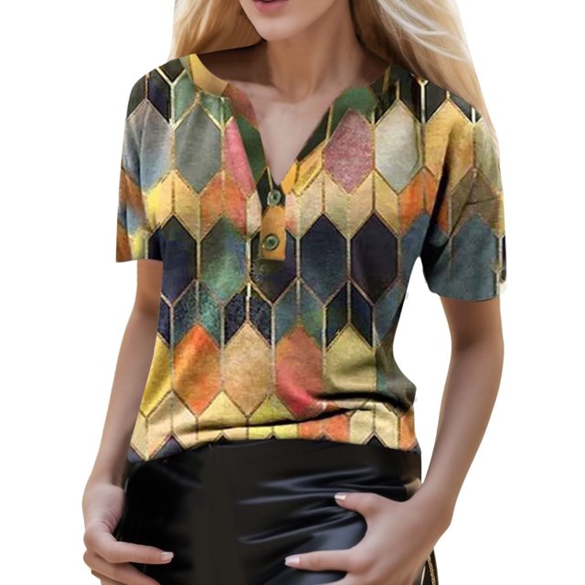 Gibobby Blusa Casual Para Mujer Camiseta de manga corta con cuello estampado para mujer, blusa de verano con cuello en V para mujer(Amarillo, L)