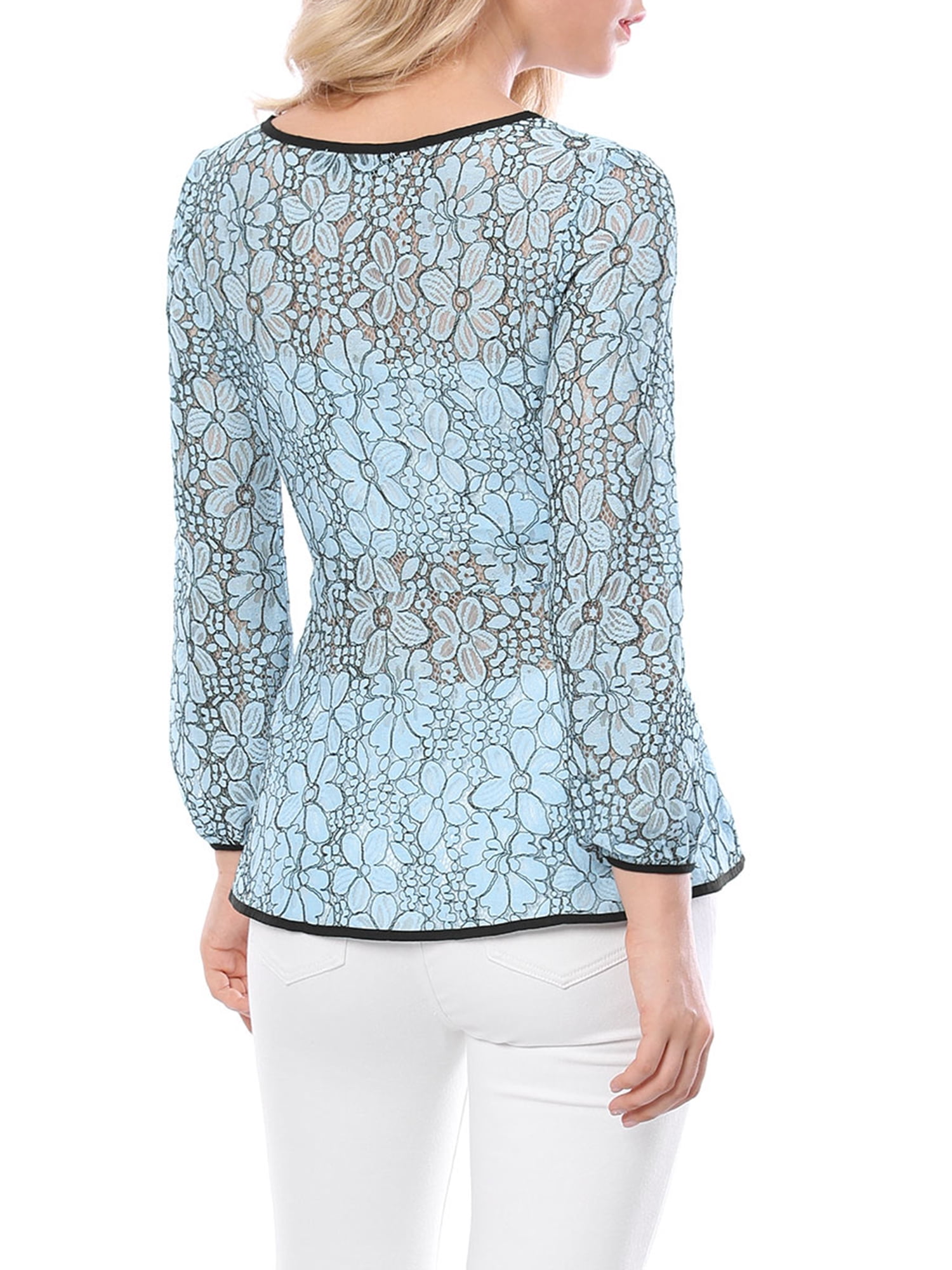 DARING DIVA Self-Tie Waist Semi Sheer Peplum Top S Blue