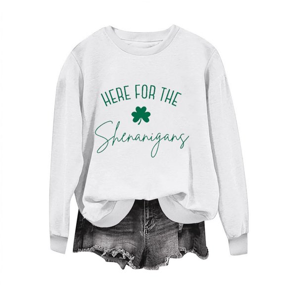 WREESH Womens Crewneck Sweatshirts St. Patrick's Day Sweatshirts Shamrocks Printed Graphic Sweatshirts Loose Fit Long Sleeved Tops Pullover Sweatshirts White