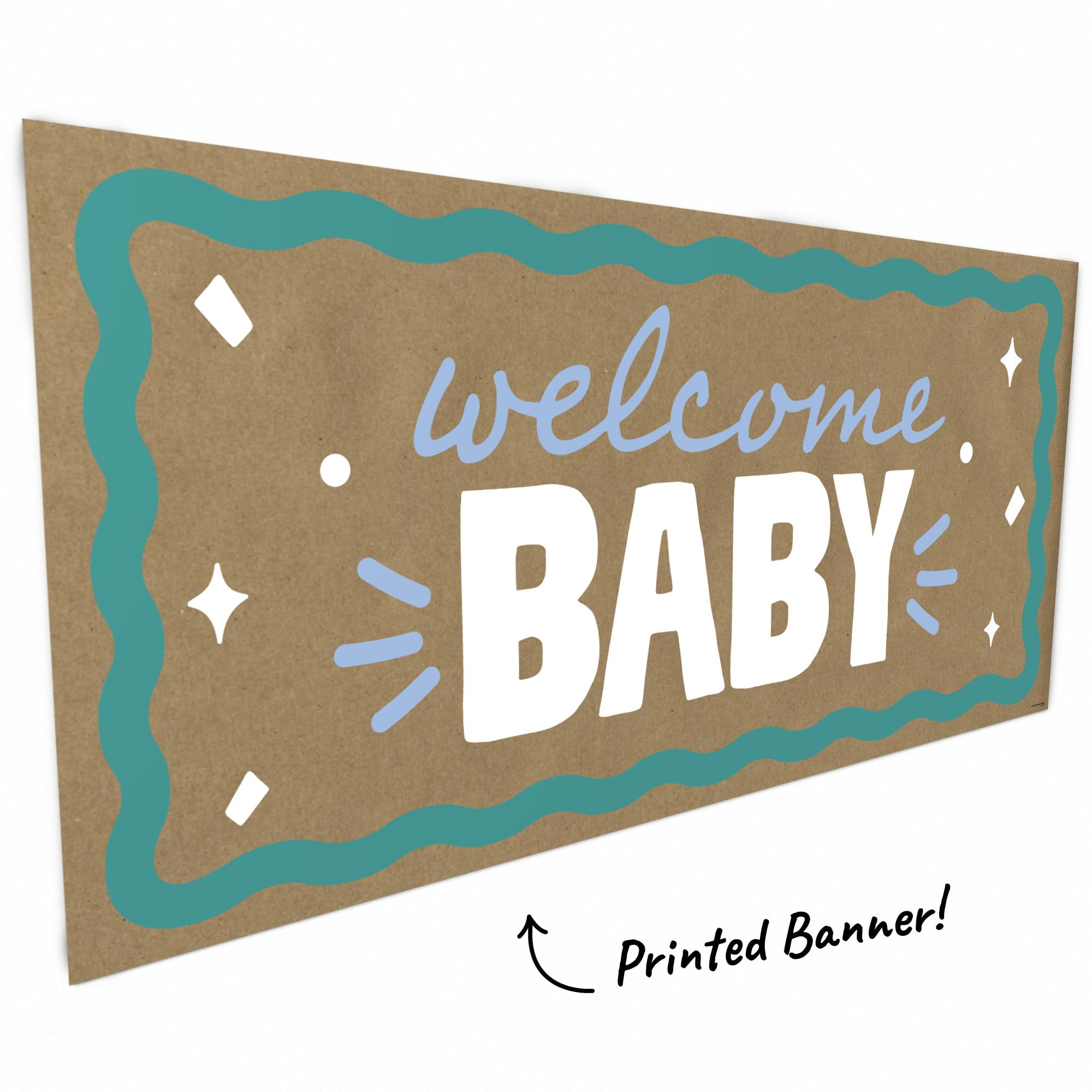 Big Dot of Happiness Blue and Teal Wavy Welcome Baby Kraft Paper Banner, Retro Baby Shower Banner Backdrop, Printed Brown Paper Party Sign Decoration – 1 Count