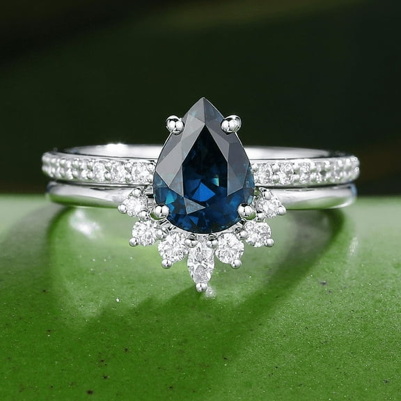 Bow Jewelry Pear Cut 2 Ct Blue Sapphire Ring Set - 14K White Gold Plated Ring - Engagement Wedding Solitaire Ring with Matching Curved Band - Bridal Ring Set for Women's - Birthstone Ring Set
