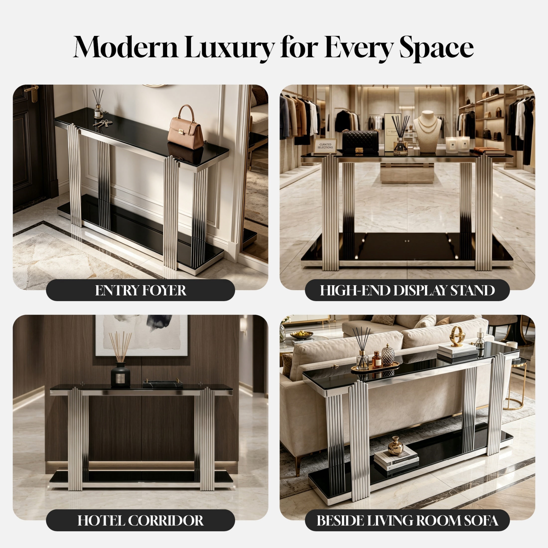 2-Tier Storage Tempered Glass Shelf Console Table, Two-Tone Entryway Display Table, Accent Mirrored Sofa Table for Living Room/Hotel