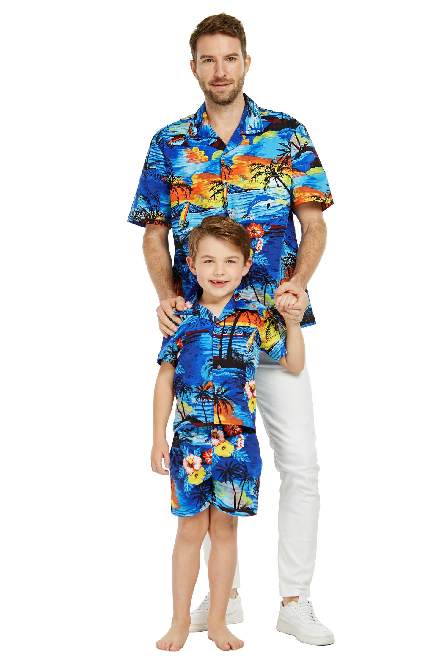 Matching Father Son Hawaiian Luau Outfit Men Shirt Boy Shirt Sunset with  Dolphin 