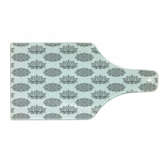 Ethnic Cutting Board, Monochrome Design of Lotus Flowers and Eastern Style Mandala Inspired, Decorative Tempered Glass Cutting and Serving Board, in 3 Sizes, by Ambesonne
