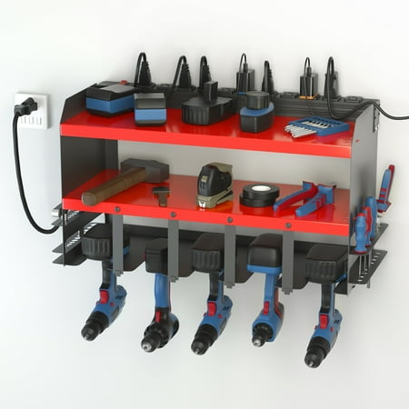 

Power Tool Organizer with charging station 1pcs 3 Layers Garage Pegboard Tool Rack Heavy Duty Metal Floating Tool Shelf Wall Mounted with 11 outlets Surge Protector 5 Drills Holder