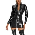 thumbnail image 4 of Vestido ajustado de charol con efecto mojado para mujer, vestido de fiesta para raves y baile en barra, ropa de club, vestido de manga larga con cuello alto y cremallera, 4 of 5