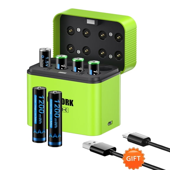 Rechargeable AAA Batteries Lithium with Charger,4 Pack 1.5V 1200mWh Triple A Battery,Long Lasting Pilas Recargables AAA Battery with 8 Bay Charging Storage Box for 1.5V Li-on AAA Battery